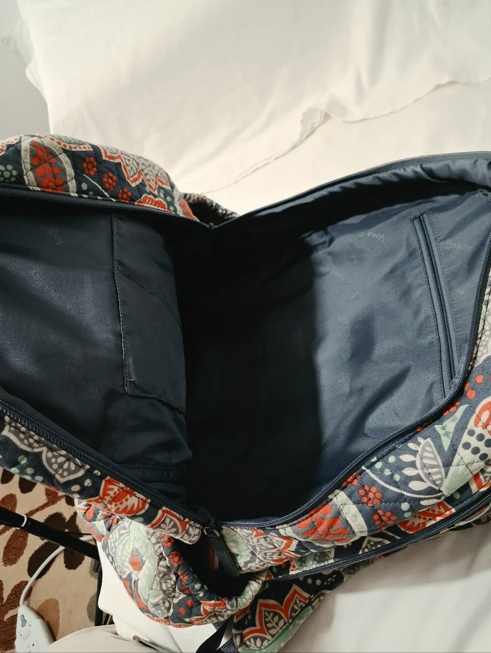 Vera Bradley Navy Quilted Floral Backpack with Coral & Mint Accents